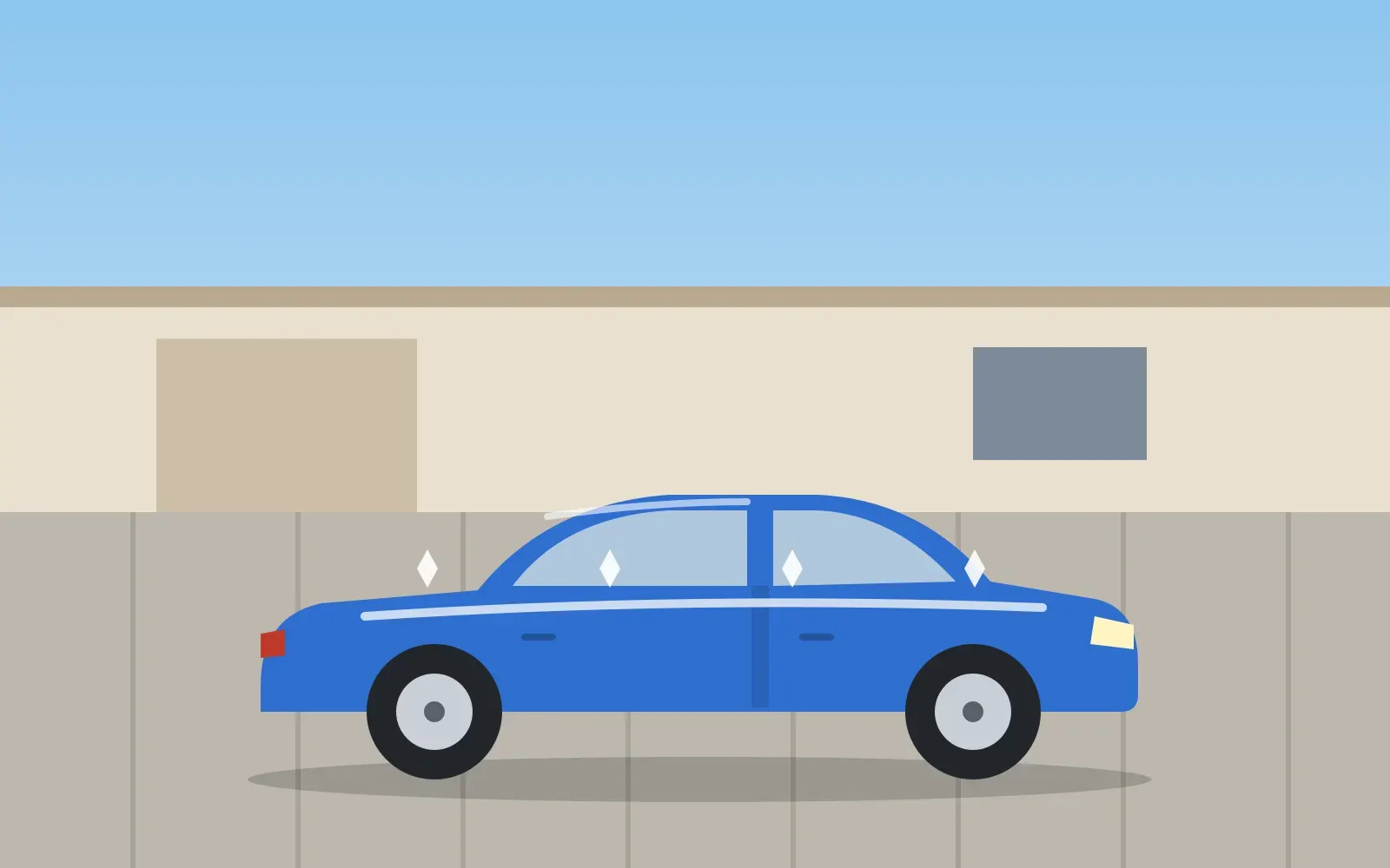 Illustration of the same car after an exterior detail, clean and glossy